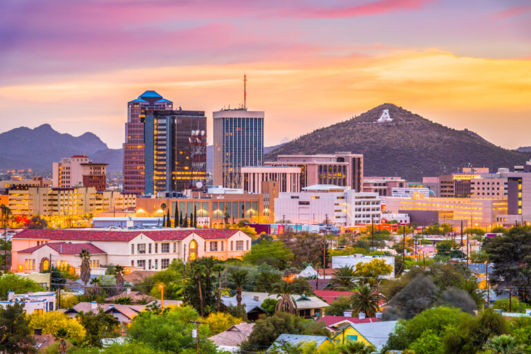 Tucson, Arizona, USA downtown skyline with Sentinel Peak at dusk. (Mountaintop 