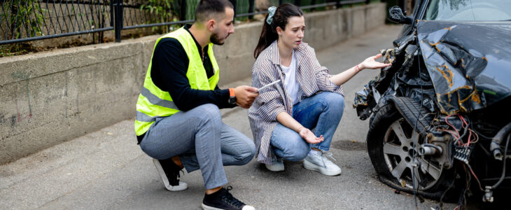 The man thoroughly examines the woman's car for damage and records his findings on a digital tablet