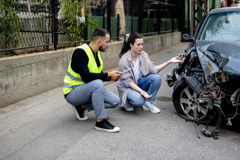 The man thoroughly examines the woman's car for damage and records his findings on a digital tablet