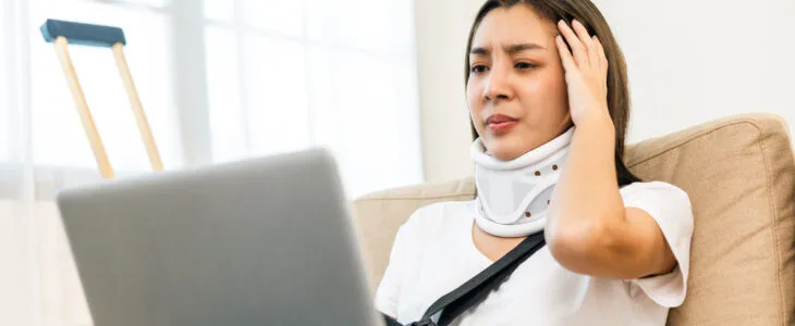 Recovery woman stressed from accident fracture broken bone injury with leg splints in cast neck splints collar sling support arm work with laptop. Social security and health insurance concept.