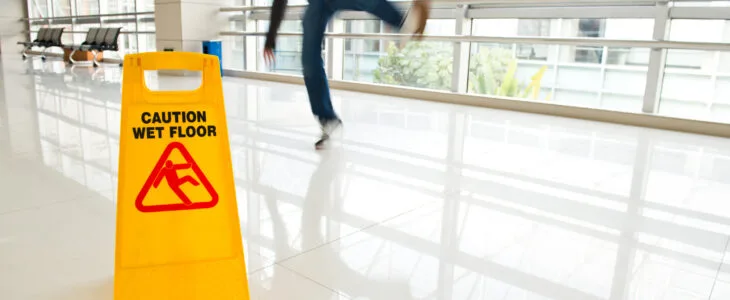 Man slips falling on wet floor next to the wet floor caution sign.