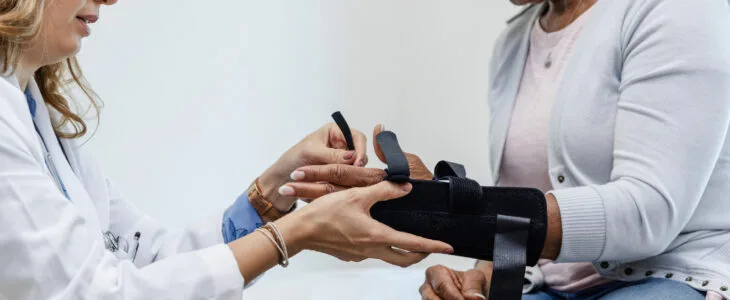 The female orthopedist fits her patient with a wrist splint after she sustained an injury.