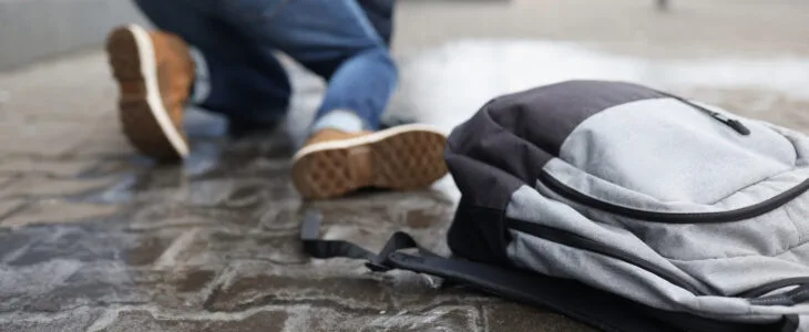 Man with backpack felling on slippery sidewalk in winter closeup. Ice injuries concept
